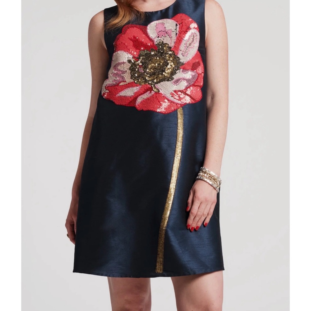 Frances Valentine Navy Shift Dress with Red and Pink Sequin Flower